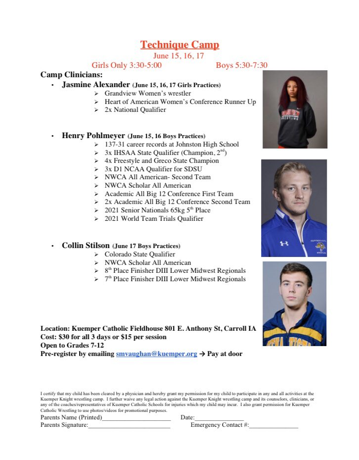 KuemperWrestlin's tweet photo. Mark your calendars! Exciting opportunity for some summer wrestling with a few great clinicians! 

Girls only workouts with a women’s collegiate national qualifier. 

Boys workouts with clinicians that had success at the DI and DIII levels. https://t.co/p8jAdExG4a