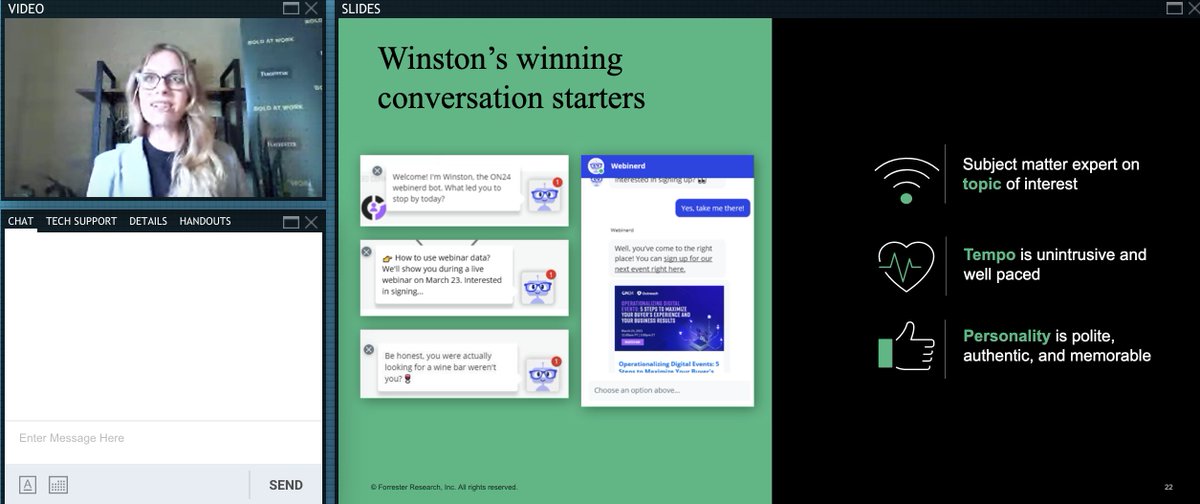 Alisa Groocock (@alisagroocock) on Twitter photo Nice job <a href="/jjhnsn/">Jessie Johnson</a> and John Arnold talking about the Conversational Interaction Framework. Great example - "Winston" from On24! #ForrB2BSummit Nice job <a href="/jjhnsn/">Jessie Johnson</a> and John Arnold talking about the Conversational Interaction Framework. Great example - "Winston" from On24! #ForrB2BSummit