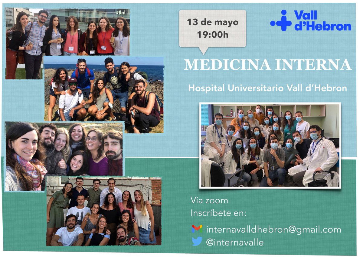 internavalle's tweet photo. ¿Crees que la medicina interna puede ser tu especialidad? Apúntate el próximo 13/5 a las 19h
y te contaremos más de la especialidad y cómo es vivirla en Vall d'Hebron! Inscríbete a través del mail o twitter. @Sociedad_SEMI @ResidentesSEMI @CTOMedicinaES @mirasturias @academiamir https://t.co/eRALRQup6F