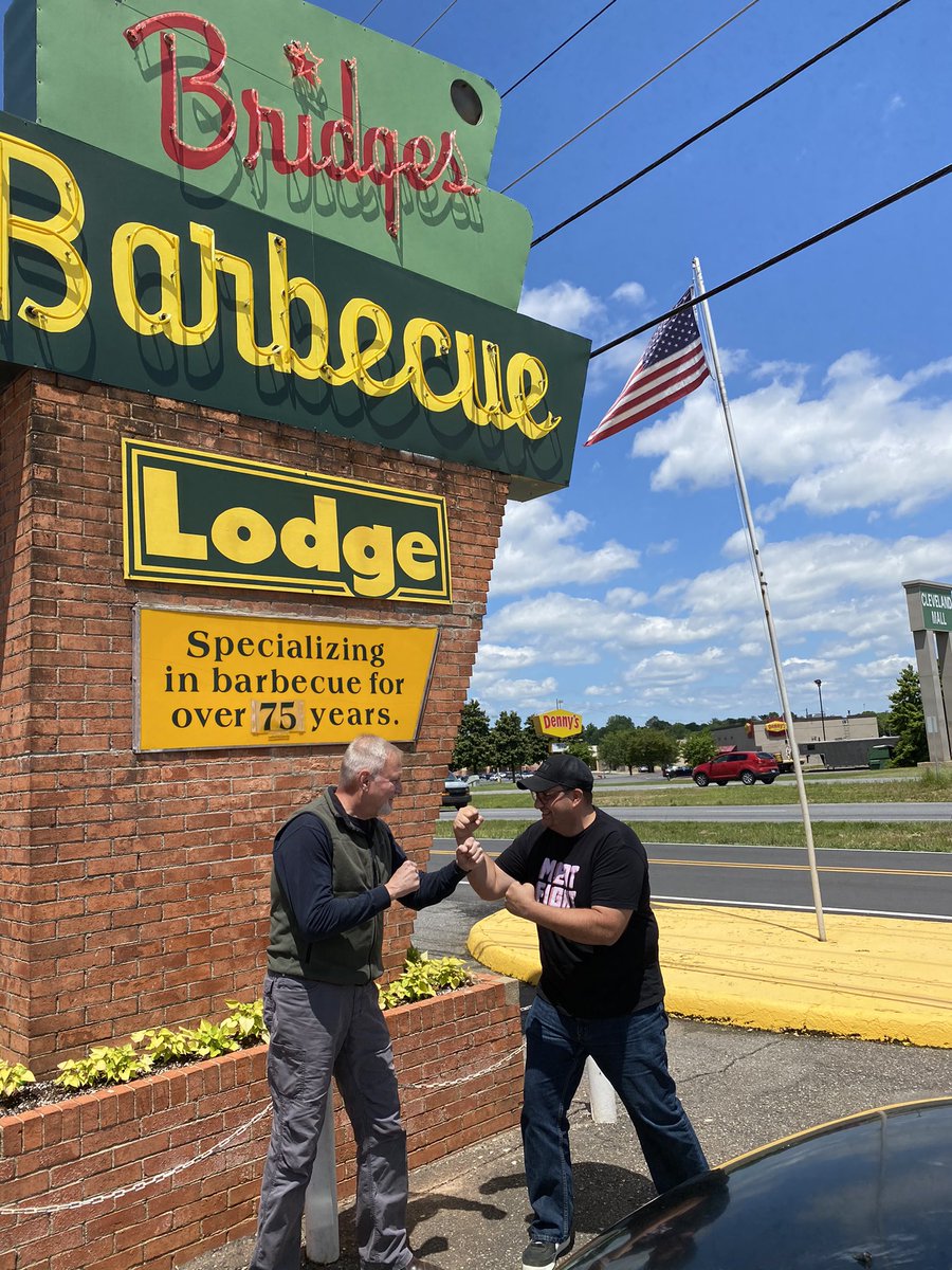 For years, I went back and forth on here w/  @ColMorrisDavis about TX versus NC BBQ. Today we finally filed it out in person at what he said was the best BBQ in the country. At  @RedBridgesBBQ in Shelby. – bei  Bridges Barbecue Lodge