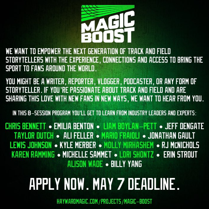 There's still time to apply for The Magic Boost.A mentorship programme designed to uplift and empower emerging track & field storytellers that has some really talented people dropping knowledge.Details & how to apply:  https://haywardmagic.com/projects/magic-boost/ Applications deadline: 7 May