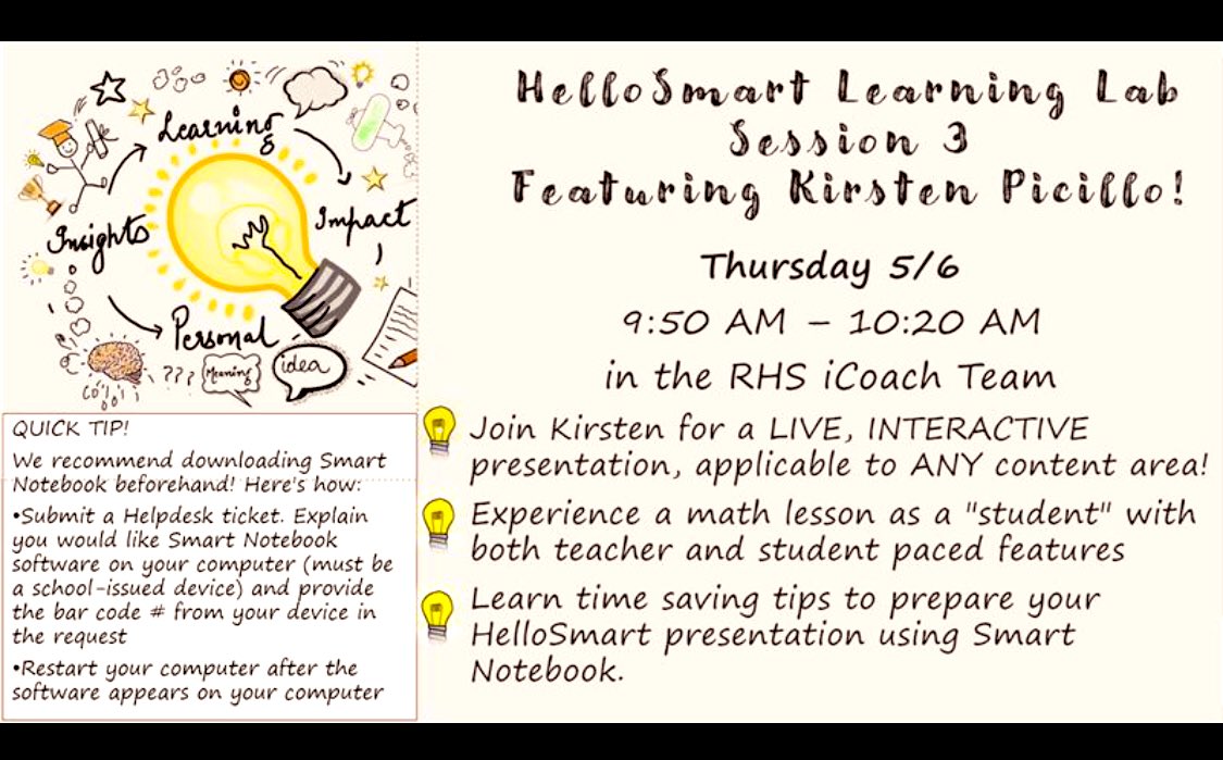 RHSiCoach's tweet photo. @MrsPicilloRHS is a rock star 🎉🥳 today she shared her expertise and classroom tips with our staff, and teachers are so excited to use @SMART_Tech HelloSmart in their classrooms! Check out our Smart Learning Tools channel for all the session recordings and resources! #RHSiCoach https://t.co/yeo3kkqCwy