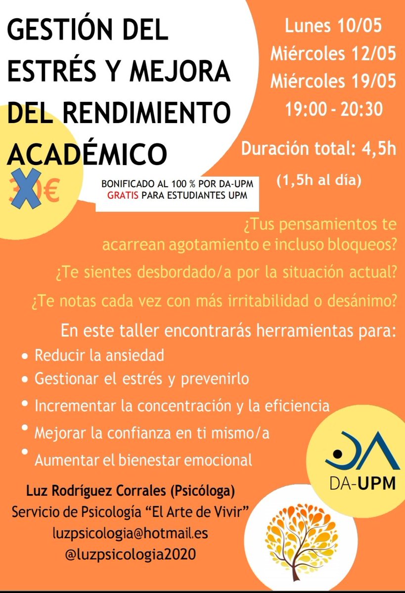 Delegacion_UPM's tweet image. Taller sobre la gestión del estrés y mejora del rendimiento académico.

Todo lo que necesitas saber en: eventos.upm.es/66091/detail/g…