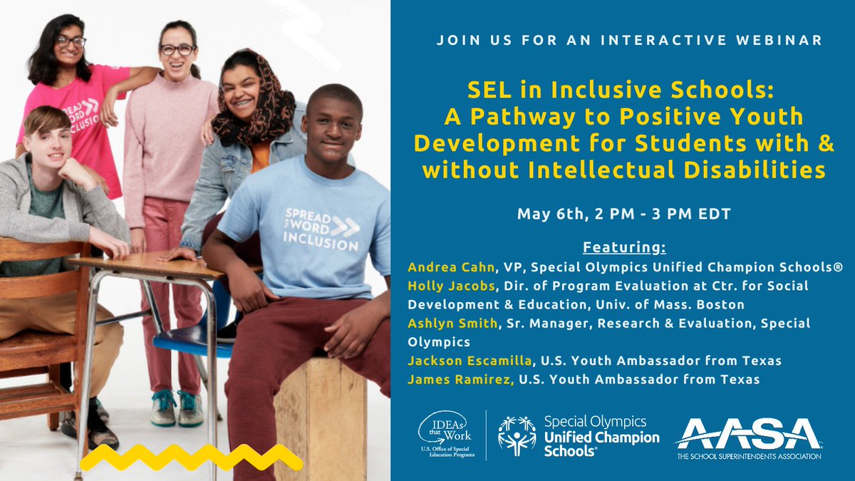 AASAHQ's tweet photo. T-1 hr! Don't miss today's important discussion on "SEL in Inclusive Schools: A Pathway to Positive Youth Development for Students With and Without Intellectual Disabilities" (2pm ET). Register now: https://t.co/Rb7refBZ6t @AASATotalChild @SONorthAmerica @csdeumb @ED_Sped_Rehab https://t.co/Y5ZUO28JdO