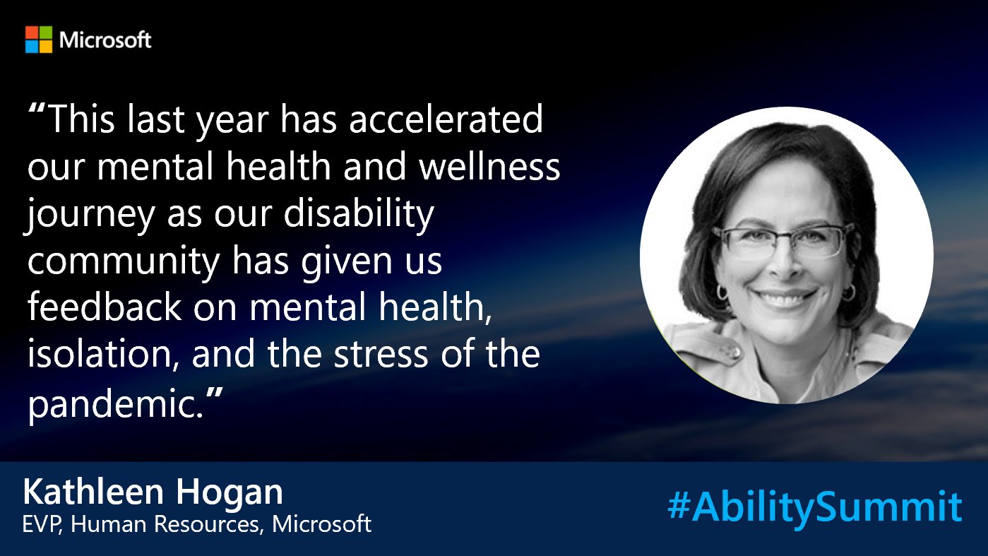 Kammer Statistikker Sind MSFT Accessibility on Twitter: "Kathleen Hogan, Executive Vice President of  Human Resources at Microsoft, shared her leadership strategy and personal  experience with disability through the lens of a global pandemic.  https://t.co/3S97pcjBhp #AbilitySummit #