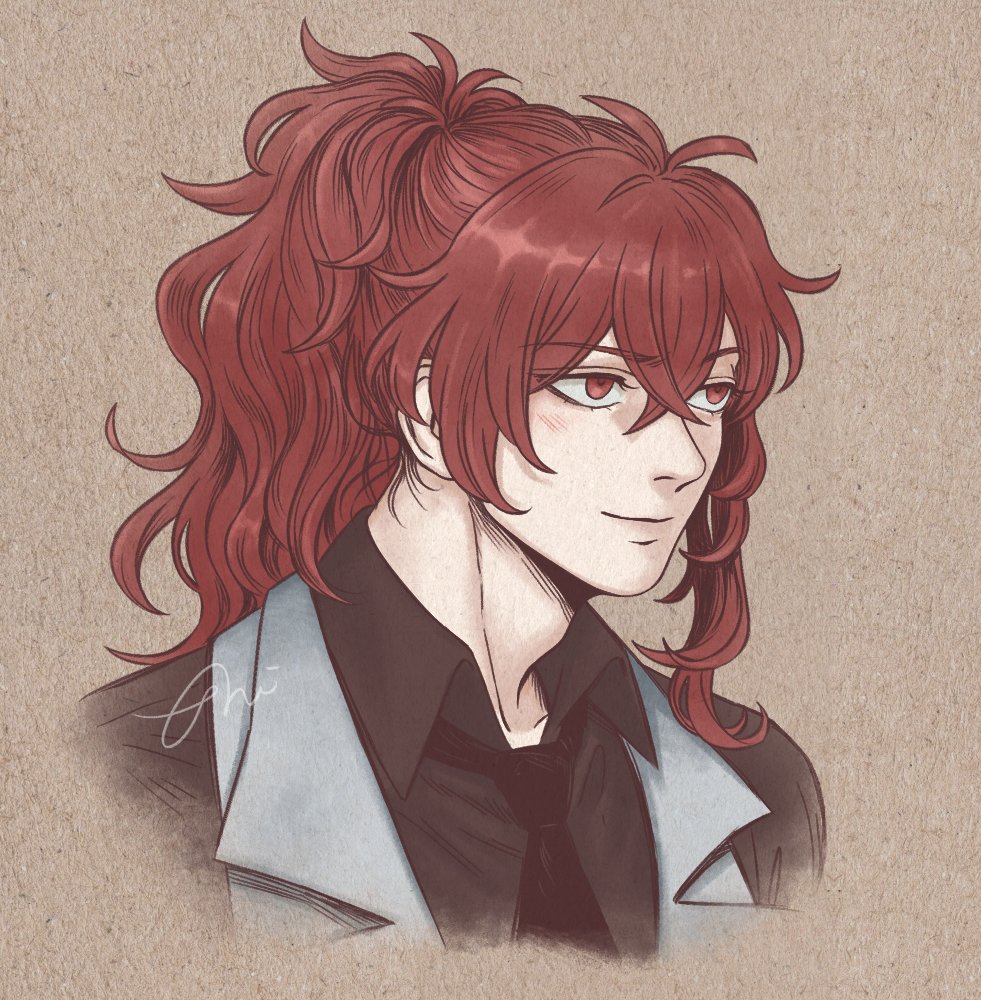 diluc (genshin impact) 1boy male focus red eyes red hair solo ponytail shirt  illustration images