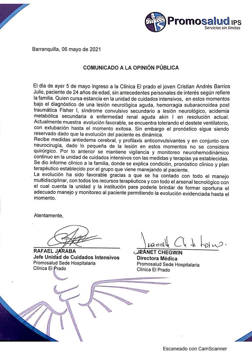 promosaludips's tweet photo. Comunicado de prensa, con respecto al estado de salud del paciente Cristian Andrés Barrios Julio ingresado a nuestra Clínica el Prado en Barranquilla el día de ayer 5 de mayo. @CaracolNoticias @RCNnoticias @zonacero @jorgecura1070 @lasdosorillas @QhuboQuilla https://t.co/Lv1ejOjPWh