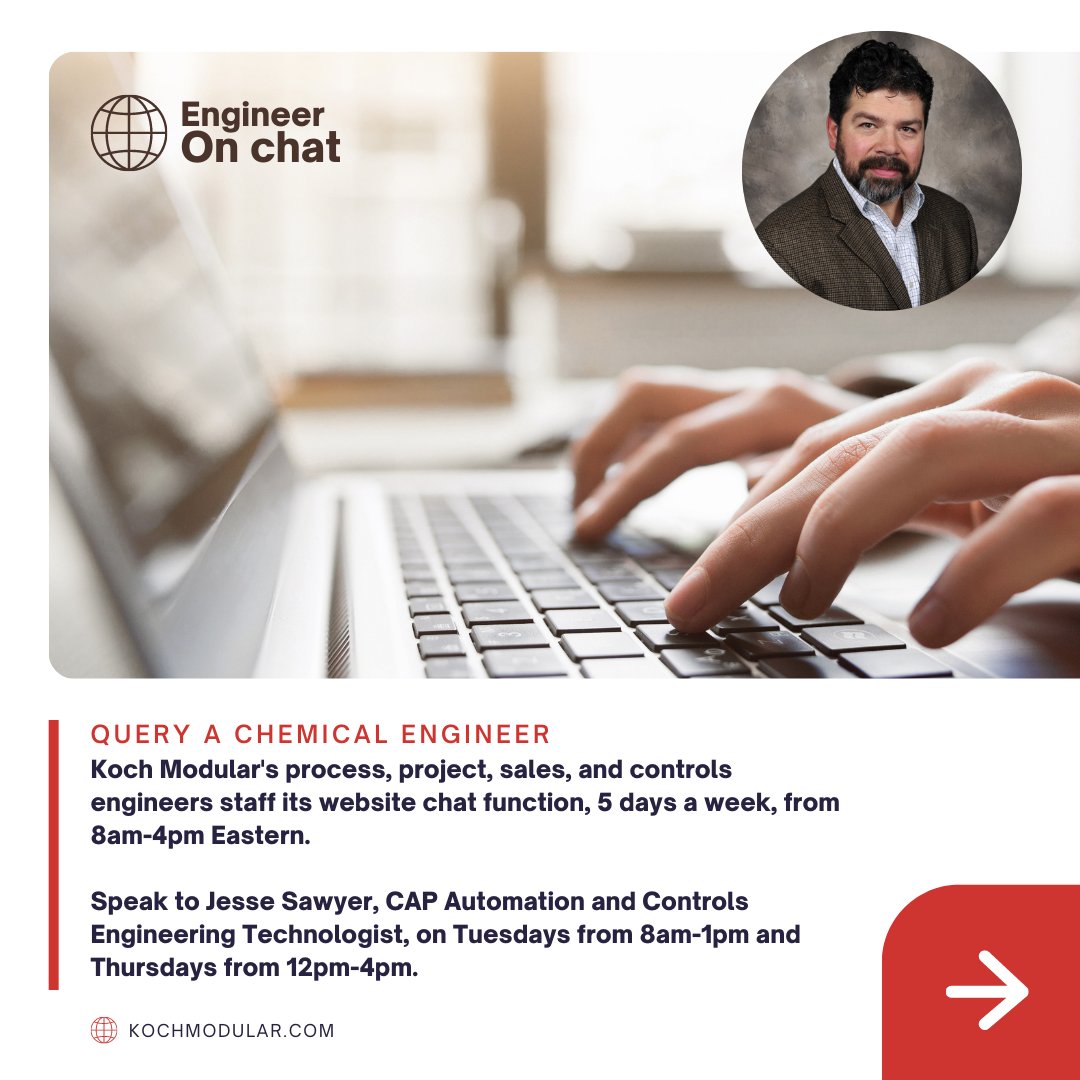 KochModular's tweet image. Query a Chemical Engineer. Koch Modular&apos;s process, project, sales, and controls engineers staff its website chat function, 5 days a week, from 8am-4pm EST. kochmodular.com #builtmodular #innovation #TechTalk