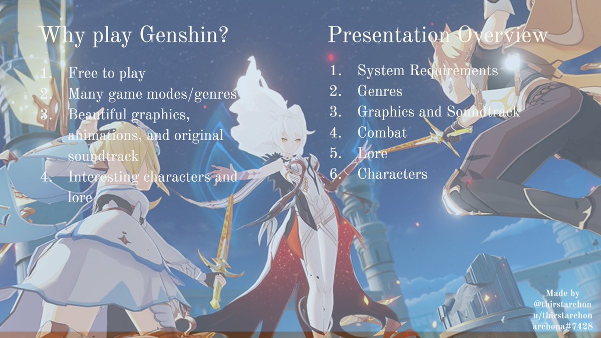 why you should play  #GenshinImpact  #原神   or as i call it, genship simpact tweet 1/3, ten slides total
