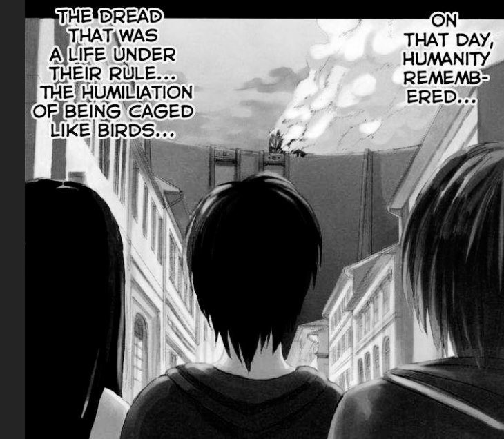 Walls are like cages where birds are locked up and they don’t have freedom to see beyond it. This was already Eren's mentality, since 9Why does he react like this? Eren realized he was not free since he saw Armin's twinkling eyes after talking about outside world