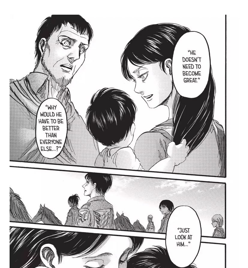 & Eren will be even more motivated knowing that it is Mikasa's love that will break the curseEren's birth, whose exclusivity is marked by the pov of Shadis, in an entire chapter, which is Isayama's favorite, allows us to perceive he has always been a special person