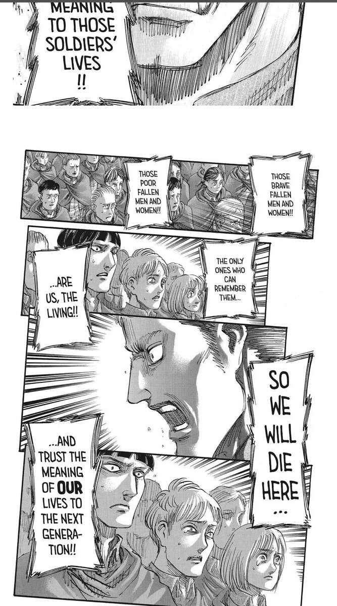 Eren has seen his companions die and the fighters get murdered hoping to have died with the desire to have achieved something so that their people are no longer oppressed. They wanted to devote their hearts wishing that it was not in vain. And he grew up seeing all that