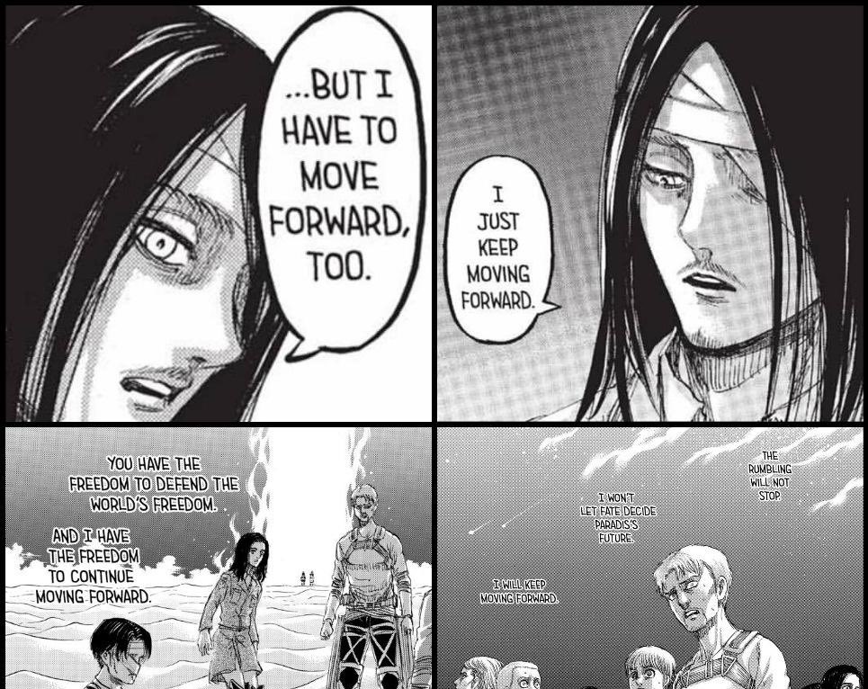 One of factors allowed Eren to move forward until his enemies were destroyed was putting his sensibilities & feelings asideBut who are Eren's enemies? They are evoked in 2 distinct categoriesOn one hand we have titans, on other hand we have humans wanting to take his freedom