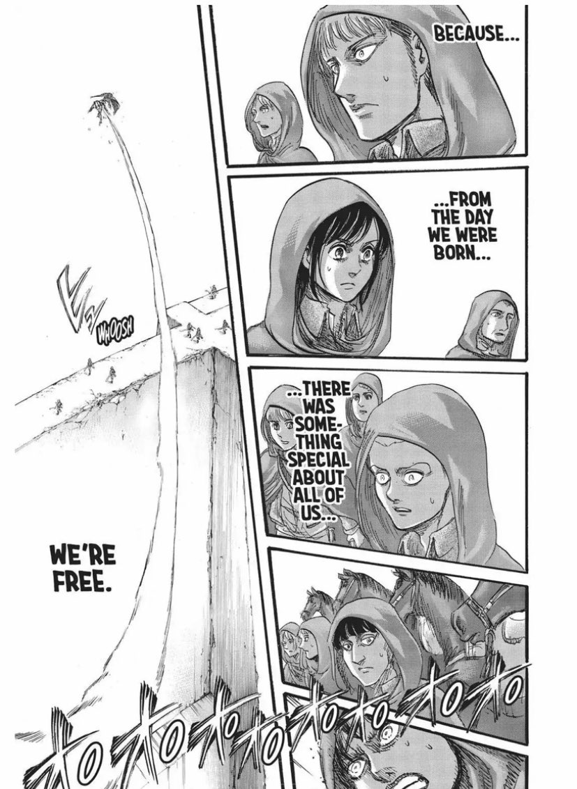 We can see, when Eren says « we are free » in RTS arc and Trost arc, at what extent is his vision. It again reflects Eren's desire of freedom colletively, not just for himselfNo matter how the world terrifying can be, no matter how cruel it is, we are free & we can fight