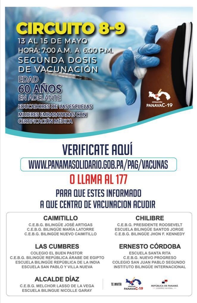 Segunda dosis de vacunación para el circuito 8-9 será entre el 13 y el 15 de mayo. #PanavaC19