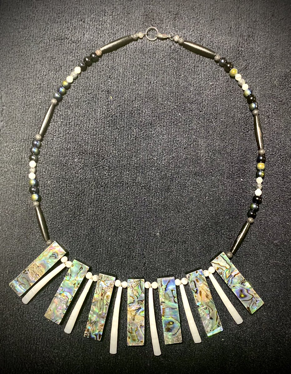 Abalone and long dentalium (about 1 3/4” each) with glass bead and imitation bone. About 22” long. #LakotaMade #NativeMade #BuyNative #DentaliumJewelry #AbaloneJewelry. Cashapp/Venmo/PayPal. $46 includes domestic s&h.