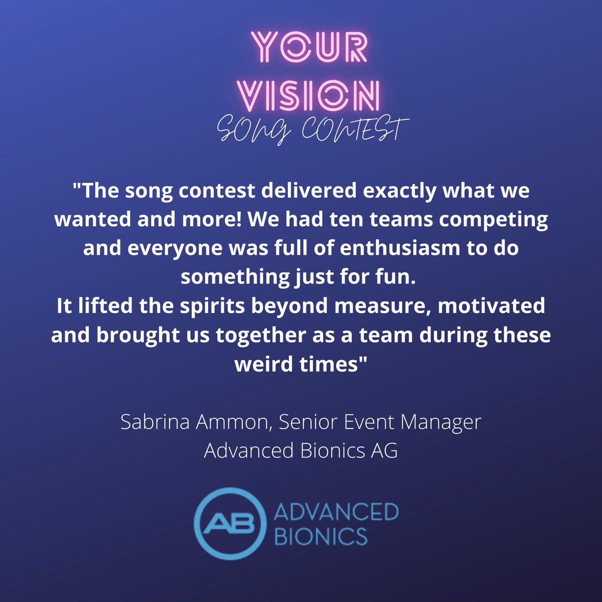 arrowentirl's tweet photo. YOUR VISION Song Contest brings people together.
"As a global company, we searched for an activity to bring us all together. I would highly recommend contacting the guys." Sabrina Ammon, Advanced Bionics AG
#teambuilding #YourVision #BeatBuilder https://t.co/TywnYy72Um