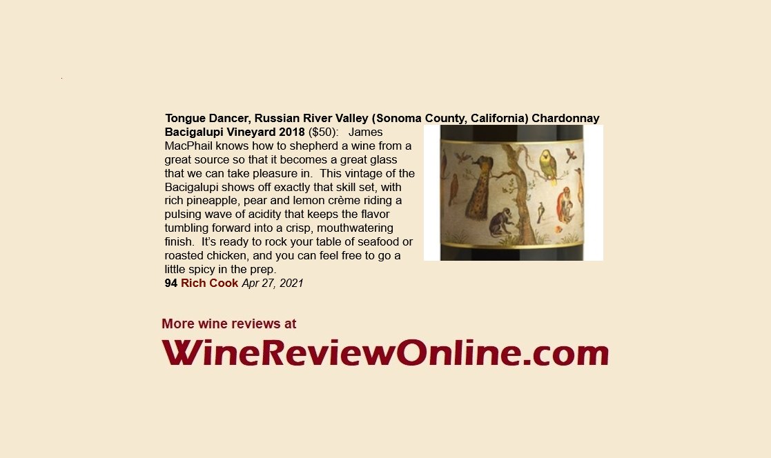 My #wine review of 
@TongueDancerPN 2018 Russian River Valley  Chardonnay, Bacigalupi Vineyard  ($50)
94 Points  
More @WineReviewOnlin reviews: 
WineReviewOnline.com/wine_search.cfm