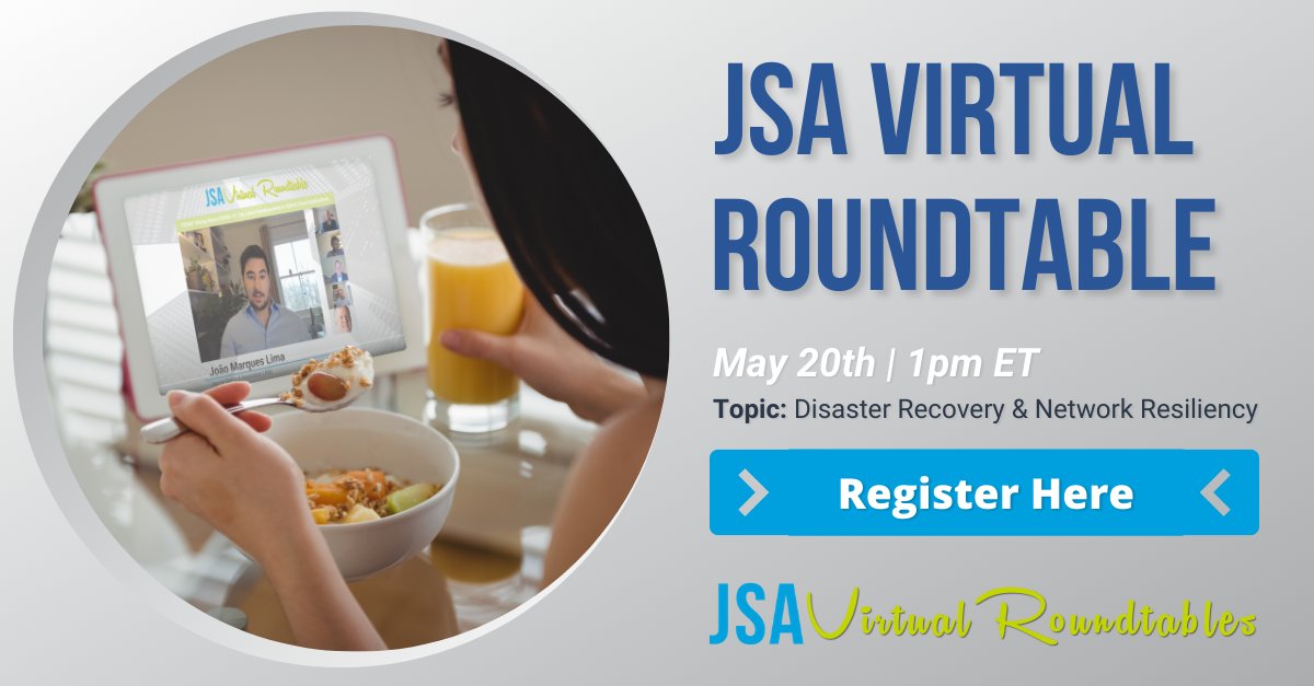 telecompr's tweet image. Join us in 2 weeks on May 20th for our Virtual Roundtable on Disaster Recovery &amp;amp; Network Resiliency. Be one of the first 100 industry professionals to register and receive lunch on us! 

Register today! go.jsa.net/may-2021-virtu… #jsavirtualroundtable