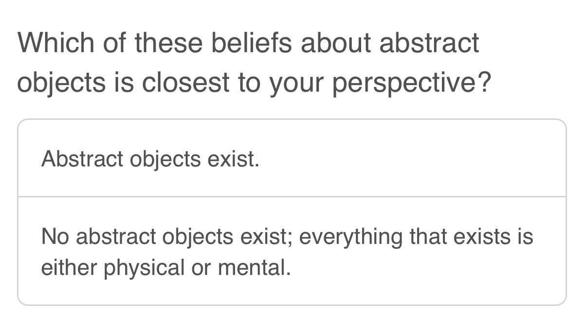 “Philosophical beliefs” aren’t beliefs in any normal sense, nor in any useful sense, afaics. This is question #1 in the survey; what could any answer possibly mean?Philosophy is Actually Bad, and everyone should stop it.  https://twitter.com/ExistWell/status/1390338787667025922