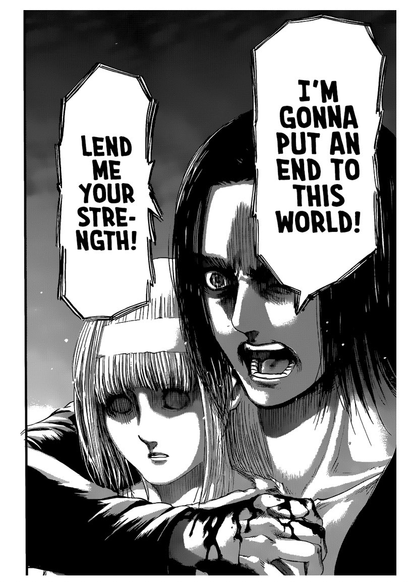 So the AT represents Ymir's will to be free from slavery of FT I.e. royal family.Eren's actions only influenced events related to him, however AT was in a way Ymir's search for someone who can make her enough strong to fight in order to be free at the end
