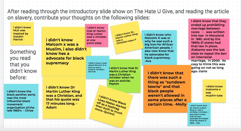 What an awesome introduction to @angiecthomas The Hate U Give. We looked at the history of civil rights and important historical figures. Great conversations already! @ndsshawks #grade9 #BLM @LimestoneDSB https://t.co/82FDC5ZelX