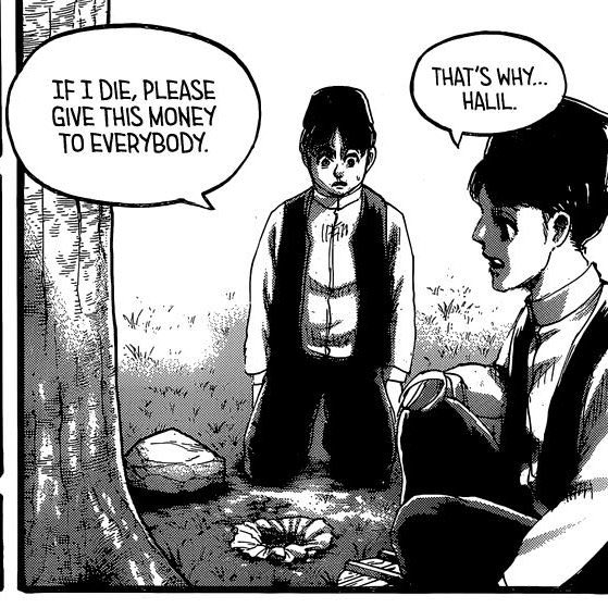reprehensible, but Eren's act is always more and his situation more crucial too.The child accepts to sacrifice the members of his body because it is to help his family and Eren, in the end, accepts to die, while telling himself he will have freed Eldia from the world of titans