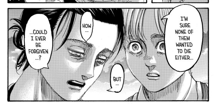reprehensible, but Eren's act is always more and his situation more crucial too.The child accepts to sacrifice the members of his body because it is to help his family and Eren, in the end, accepts to die, while telling himself he will have freed Eldia from the world of titans