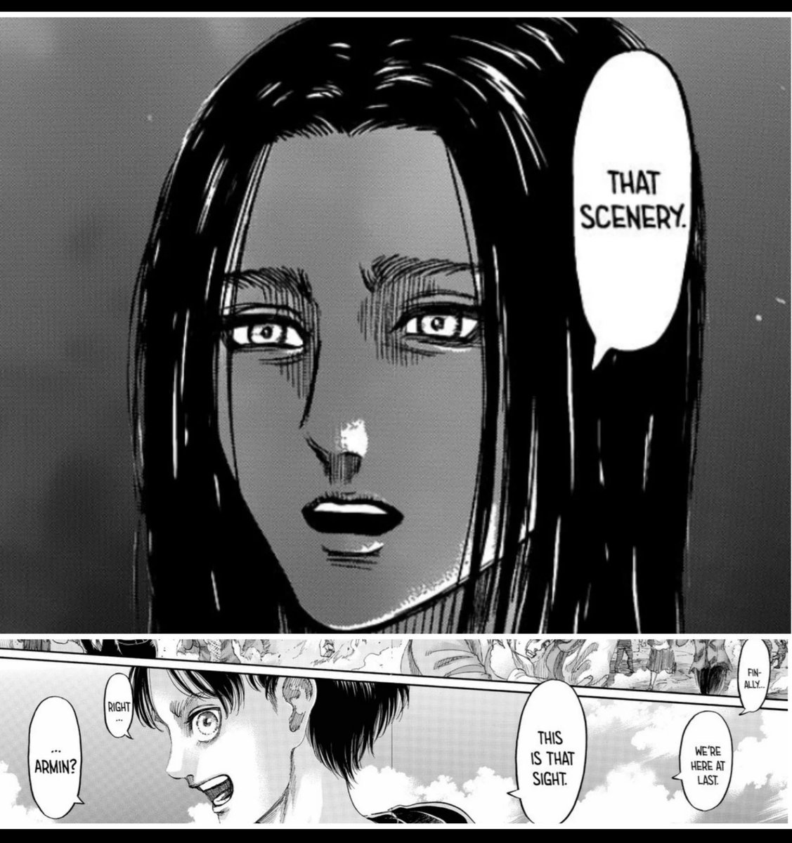 and we have a great contrast between Eren's desire as a child and Eren as an adult who has his eyes closed because it is difficult for him to face the atrocity that he commits. It may be this scenary... that sight...