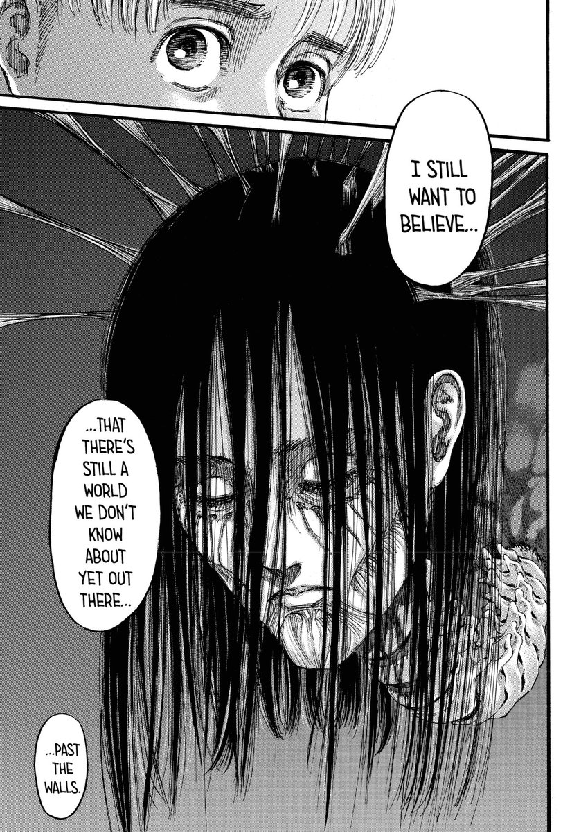 and we have a great contrast between Eren's desire as a child and Eren as an adult who has his eyes closed because it is difficult for him to face the atrocity that he commits. It may be this scenary... that sight...