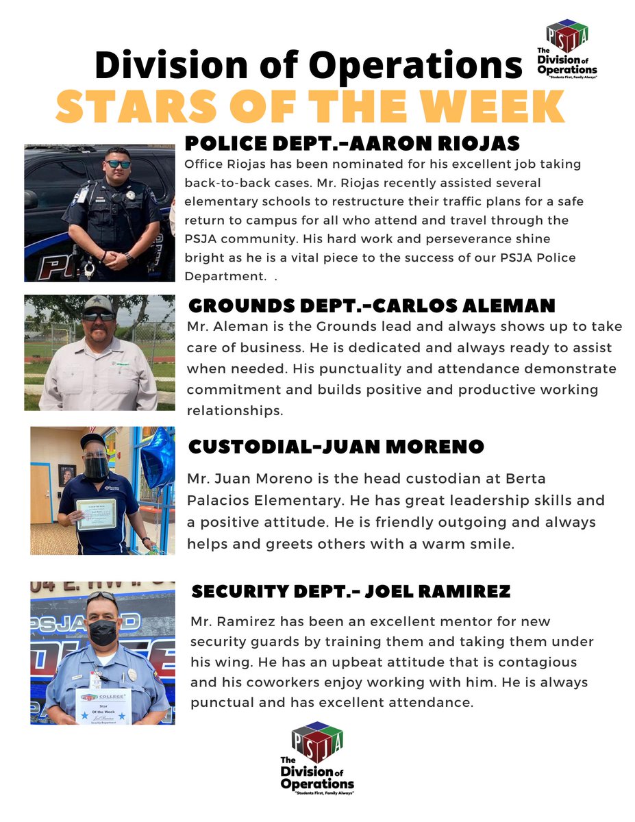 Congratulations to our STARS of the week! For always providing great leadership skills by going above and beyond the call of duty to make sure our PSJA Family receives the best quality service. @PSJAISD @PSJAOperations #PSJAFamily