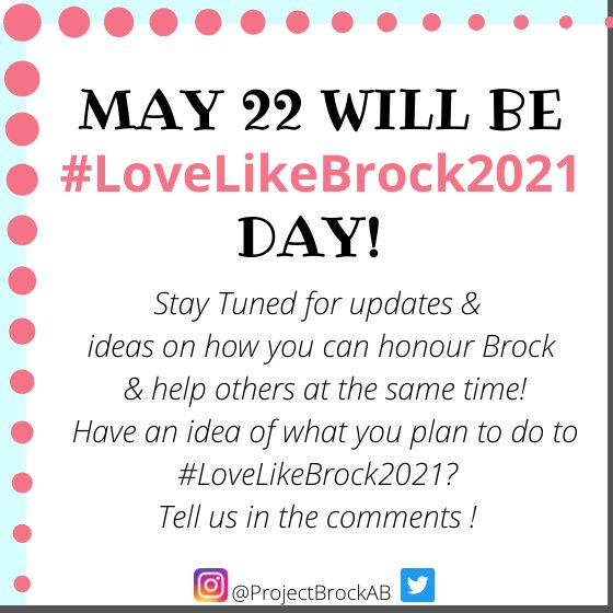 ProjectBrockAB's tweet photo. Please Share! 
May 22nd is the 9 year anniversary of Brock's passing so we have decided to LOVE LIKE BROCK, in his memory! 

#LoveLikeBrock2021 #ProjectBrockAlberta #ProjectBrockAB #HeartSafeHeroes #heartsafeschools #SCA #CPR #AED #AlbertaSchools #abschools #savealife https://t.co/Yj5MGWW99B