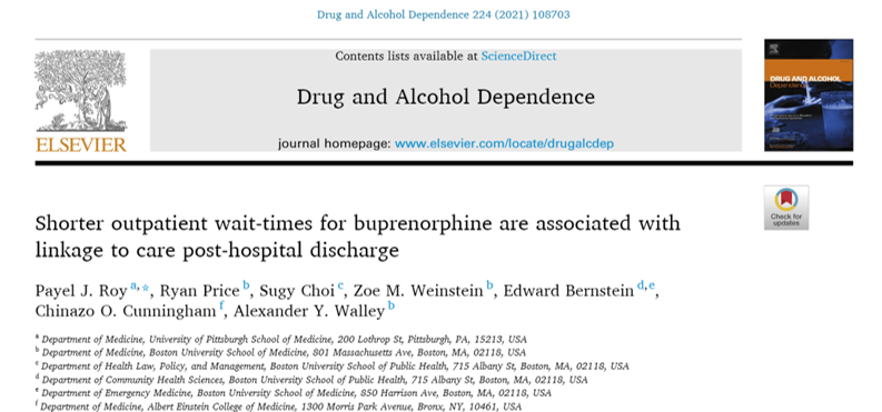 In @DrugAlcoholDep📝Same & next-day appointments increase linkage to outpatient care (#moud) post-discharge compared to waiting two or more days. #decrease #waittimes @Payel_MD @ZoeWeinstein @ERBerns @DrChinazo @AlexanderWalley 
authors.elsevier.com/c/1d0rY1LiD368…