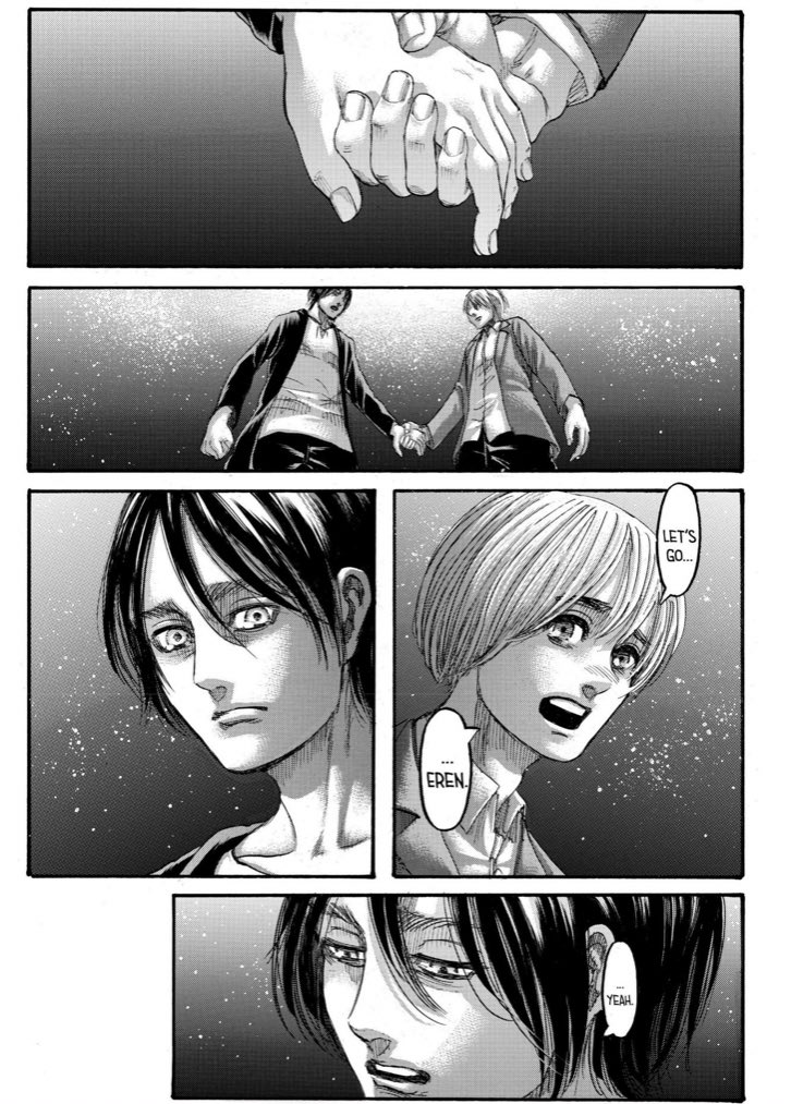 The weight of his actions, his inner suffering, his love for Mikasa, the desire not to be forgotten after his death and all the tortures he went through knowing he would have to play the role of the tyrant, came out in front of Armin, before he dies