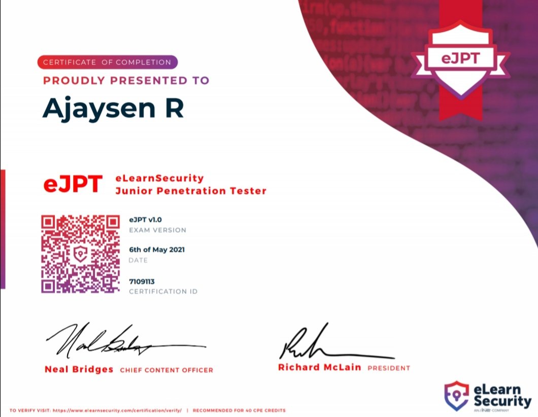 AjaysenR's tweet image. eJPT ❤️ Thanks @eLearnSecurity and @ine for great learning experience.
#ejpt #elearnsecurity