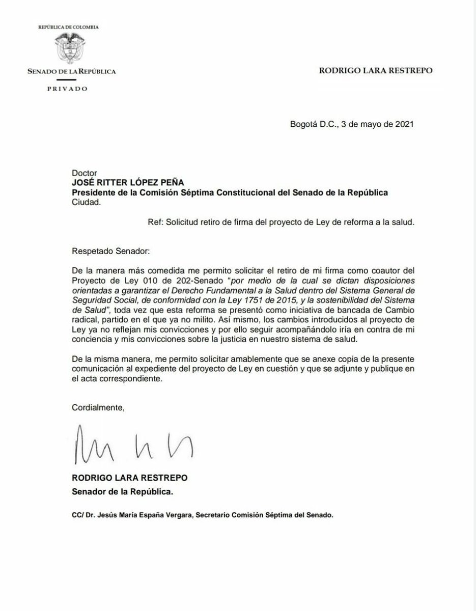 Luchar Sí Sirve. Los Senadores Rodrigo Lara y Berner Zambrano coautores PL 010 #ReformaSalud, solicitaron retiro de su firma y no acompañarán iniciativa.

Seguimos insistiendo #NoALaReformaALaSalud. Quiénes apoyan este proyecto, deben rectificar por el bien de la salud del país.