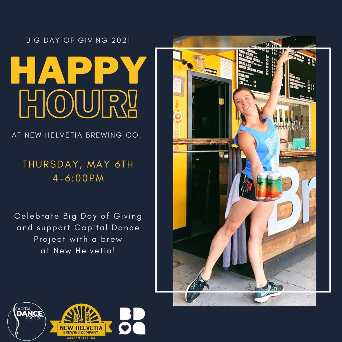 In celebration of <a href="/bigdayofgiving/">Big Day of Giving</a>, our longtime community partner <a href="/NewHelvetiaBrew/">NewHelvetiaBrew</a> is hosting Happy Hour between 4-6pm! Bring in your #BDOG2021 receipt and receive $1 OFF any 4-pack or crowler purchase! Also, greet CDP artist Lauryn Groh who will be working #behindthebarre!
