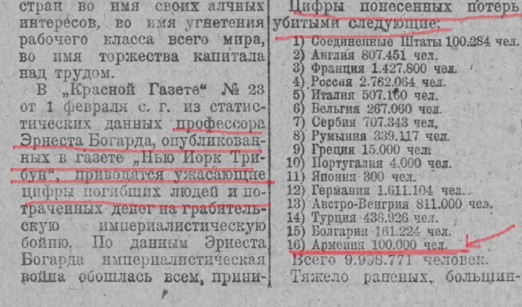 Statistics of human losses in the World War 1 by the American scientist professor Ernest Bogard.Turks: 436.926Armenians: 100.000Boevaya Pravda Newspaper, February 5, 1920 #Armenia #1915ArmenianLies #ArmenianGenocide fake