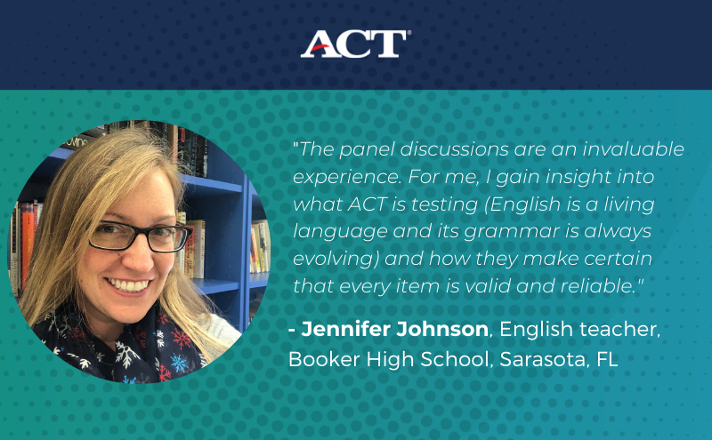 .<a href="/ACT/">ACT</a> reviewer Jennifer Johnson, an English teacher from Sarasota, FL, discusses how serving as a content and fairness reviewer has provided her the professional camaraderie she was looking for. Learn about her experience: bit.ly/3b8Njyh
#TeacherAppreciationWeek