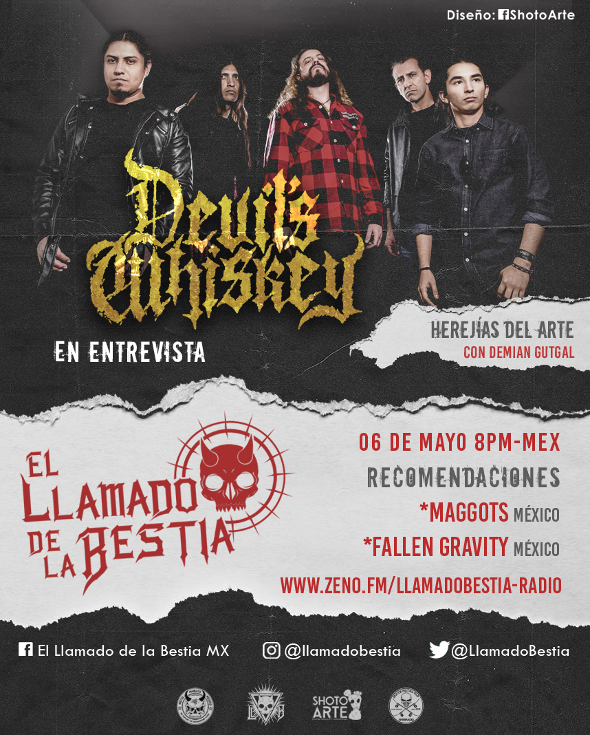 Escucha nuestro programa el proximo jueves 06 de mayo a las 8pm, tendremos en entrevista a #DevilsWhiskey, y en las recomendaciones tendremos a @maggotsmx  y #FallenGravity, y nuestra sección 'Herejía del Arte' con #DemianGutgal.
zeno.fm/llamadobestia-…