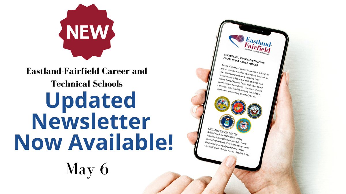 🆕📰 NOW AVAILABLE! Visit eastlandfairfield.com/Newsletters.as… to read the new edition of our district newsletter. This week features a new Career Readiness Coordinator position, honors the 25 students who enlisted in the U.S. Armed Forces, and more! #OurFocusYourFuture