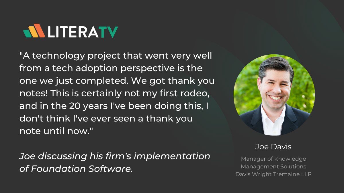 Litera (@literamicro) on Twitter photo This week on #TechAdoptionUnleashed with <a href="/SherryKappel/">SherryKappel</a>, <a href="/josephpdavis/">Joe Davis</a>, Manager of Knowledge Management Solutions at <a href="/DWTLaw/">Davis Wright Tremaine LLP</a>, talks about his experience in working with lawyers to implement technologies.
Watch this #LiteraTV episode: youtu.be/VFMei5cH3UQ This week on #TechAdoptionUnleashed with <a href="/SherryKappel/">SherryKappel</a>, <a href="/josephpdavis/">Joe Davis</a>, Manager of Knowledge Management Solutions at <a href="/DWTLaw/">Davis Wright Tremaine LLP</a>, talks about his experience in working with lawyers to implement technologies.
Watch this #LiteraTV episode: youtu.be/VFMei5cH3UQ
