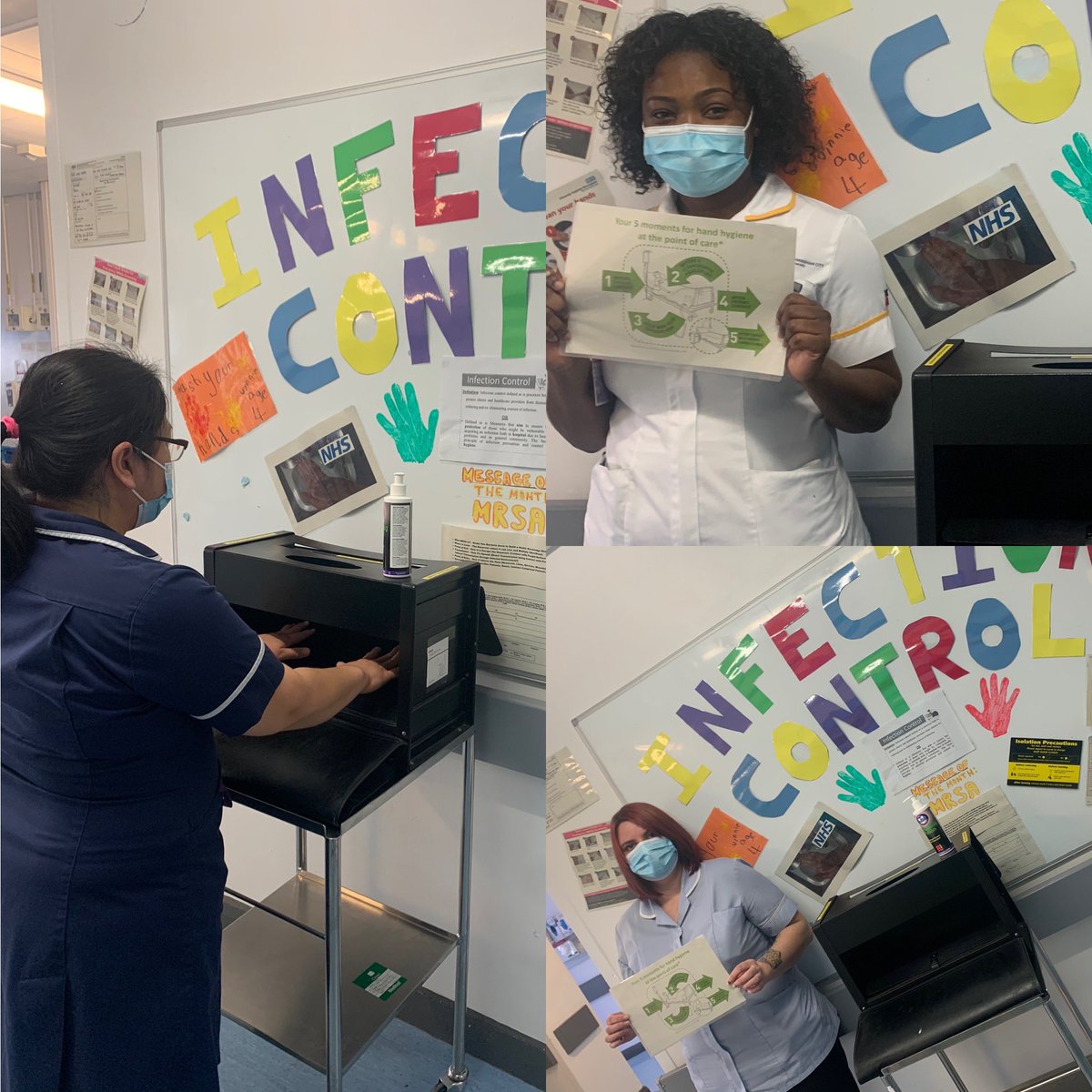 charltierneyG9's tweet photo. Ward 9 staff we’re eager to get involved in today’s topic for IPC. Completing glow box tests and discussing the 5 moments of hand hygiene to raise awareness for #handhygieneweek. @codd_jane https://t.co/t2y2Mos6P8