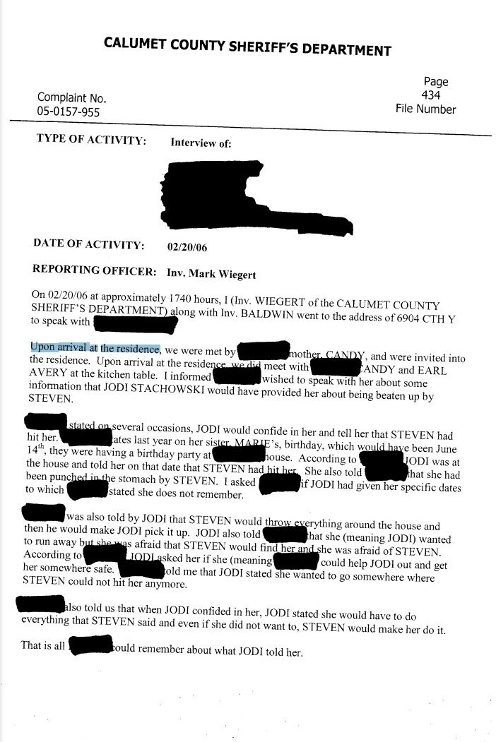 (25) KAYLA AVERY's key Feb 20th interview is recorded in the CASO Report, though her name is redacted. http://stevenaverycase.org/wp-content/uploads/2016/04/CASO-Investigative-Report.pdf#page=434