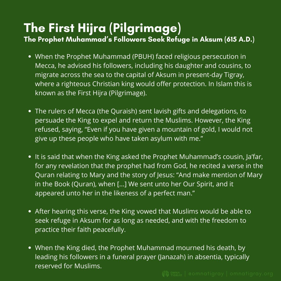 When the Prophet Muhammad faced religious persecution in Mecca, he advised his followers, incl. his daughter + cousins, to migrate to the capital of Aksum in present-day Tigray where a righteous Christian king would offer protection. This is known as the First Hijra (Pilgrimage).