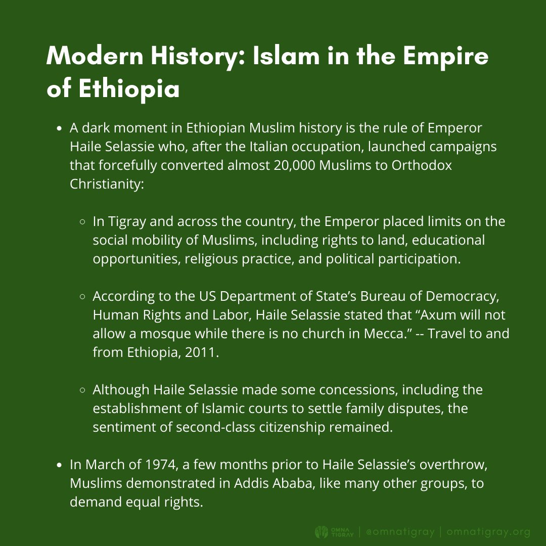 A dark moment in Ethiopian Muslim history is the rule of Emperor Haile Selassie who, after the Italian occupation, launched campaigns that forcefully converted almost 20,000 Muslims to Orthodox Christianity.