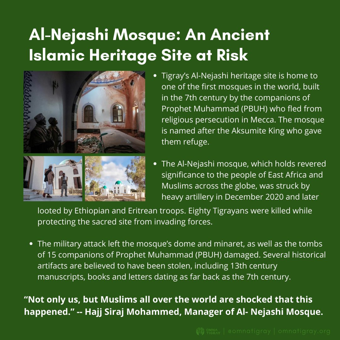In December 2020, the military attack on Tigray's Al-Nejashi mosque left the dome, minaret & tombs of 15 companions of Prophet Muhammad damaged. Several historical artifacts are believed to have been stolen incl. manuscripts, books & letters dating as far back as the 7th century.