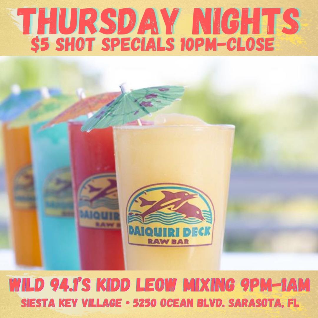 VJKiddLeow's tweet photo. Mixing tonight at Daiquiri Deck 🏖 9pm-1am! $5 shot specials 10pm-close. See you tonight! #Sarasota #daiquirideck https://t.co/nLeDLMQSUz