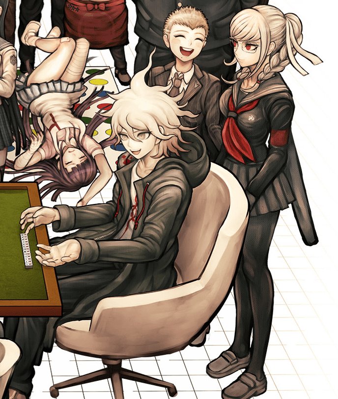 Komaeda gambling with celeste, naegi, and headmaster kirigiri