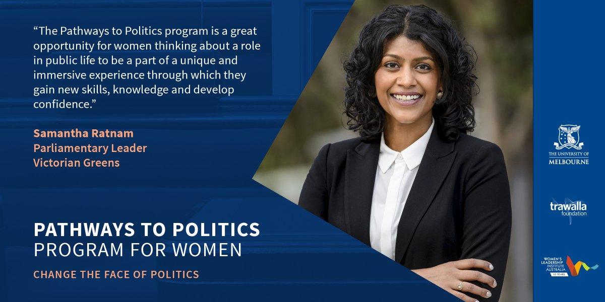 Applications for the #pathwaystopolitics @Government_UoM program close Sun 9 May. The 'program is a great opportunity for women thinking about a role in public life to...gain new skills, knowledge and develop confidence.' @SamanthaRatnam To apply: government.unimelb.edu.au/engagement/pat…